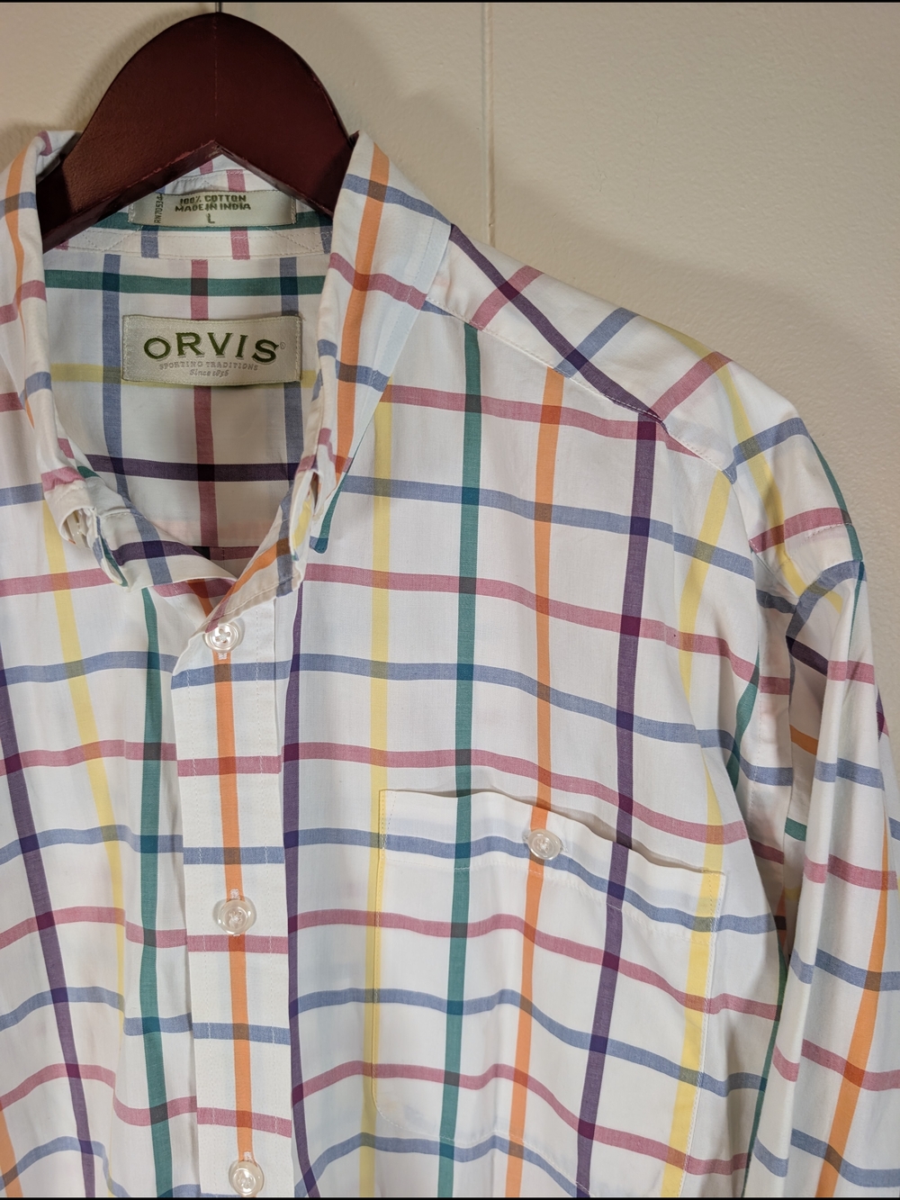 Orvis Multicolor Plaid Button Down Shirt Men’s Large 100% Cotton Classic Fit